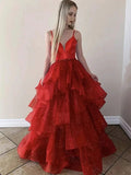 Sparkly A-line V Neck Spaghetti Straps Tulle Red Long Prom Fromal Evening Dresses by BIZTUNNEL