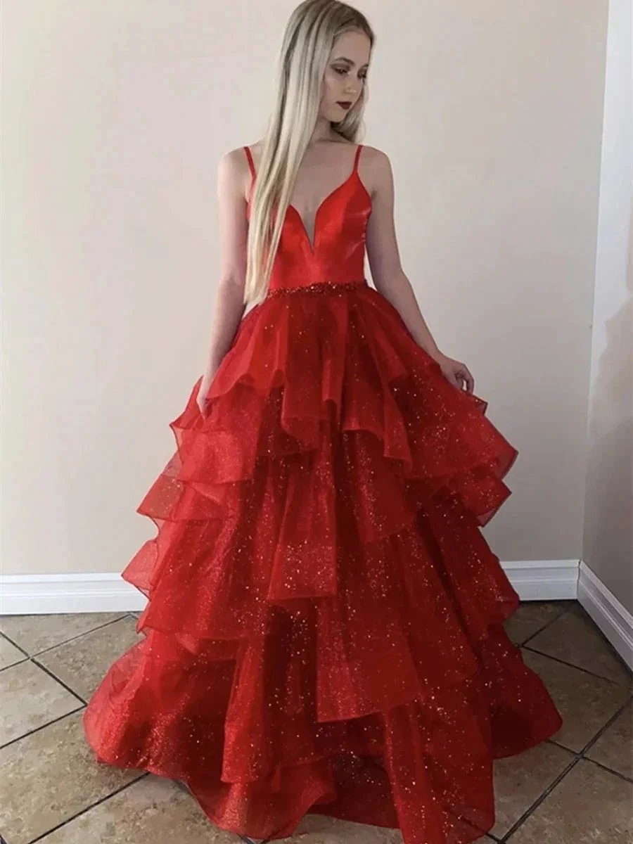Sparkly A-line V Neck Spaghetti Straps Tulle Red Long Prom Fromal Evening Dresses by BIZTUNNEL