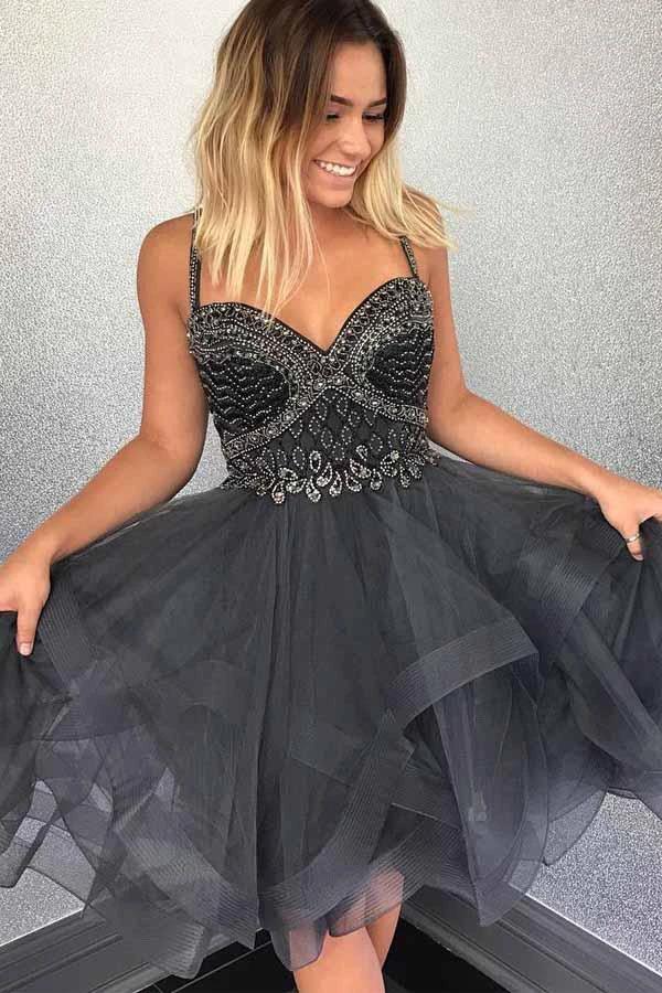 Sparkly Beads Short Grey Tulle Homecoming Dress With Beading PG161 by pgmdress