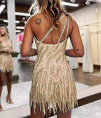 Sparkly Blue One Shoulder Sequins Tight Short Hocoming Dress with Fringes by KissProm