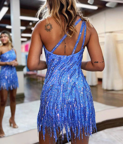 Sparkly Blue One Shoulder Sequins Tight Short Hocoming Dress with Fringes