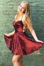 Sparkly Burgundy Homecoming Dresses Backless A-line Mini Party Dress PD383 by pgmdress