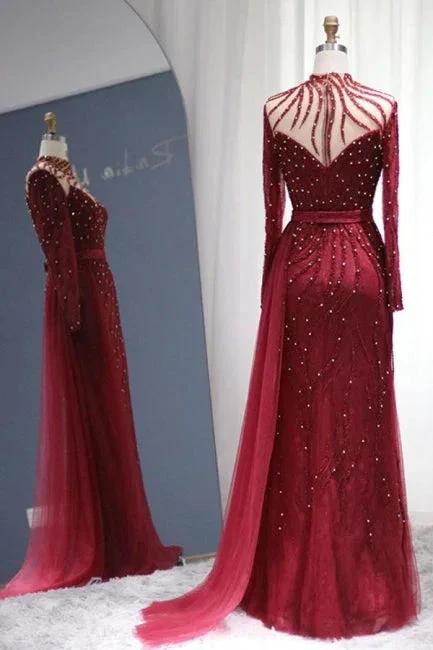 Sparkly Burgundy Long Sleeve Mermaid Prom Dresses Luxious Evening Gowns by misshow.com