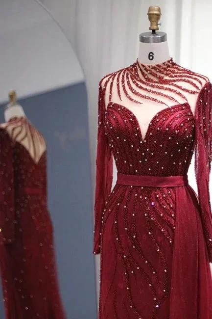 Sparkly Burgundy Long Sleeve Mermaid Prom Dresses Luxious Evening Gowns by misshow.com