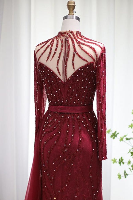 Sparkly Burgundy Long Sleeve Mermaid Prom Dresses Luxious Evening Gowns