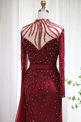 Sparkly Burgundy Long Sleeve Mermaid Prom Dresses Luxious Evening Gowns
