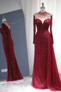 Sparkly Burgundy Long Sleeve Mermaid Prom Dresses Luxious Evening Gowns by misshow.com