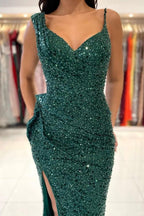 Sparkly Dark Green Long Prom Dresses Glitter Evening Dress With Slit