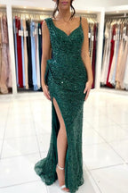 Sparkly Dark Green Long Prom Dresses Glitter Evening Dress With Slit