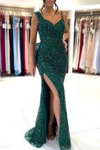 Sparkly Dark Green Long Prom Dresses Glitter Evening Dress With Slit