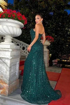 Sparkly Dark Green Spaghetti Straps Long Mermaid Prom Dresses Evening Gowns With Slit by misshow.com