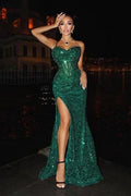 Sparkly Dark Green Spaghetti Straps Long Mermaid Prom Dresses Evening Gowns With Slit by misshow.com