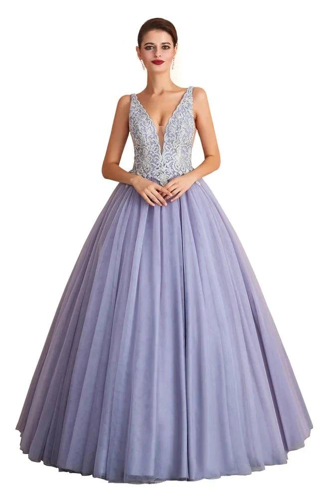Sparkly Double V-Neck Aline Ball Gown Crystals Tulle Floor Length Party Dress by misshow.com