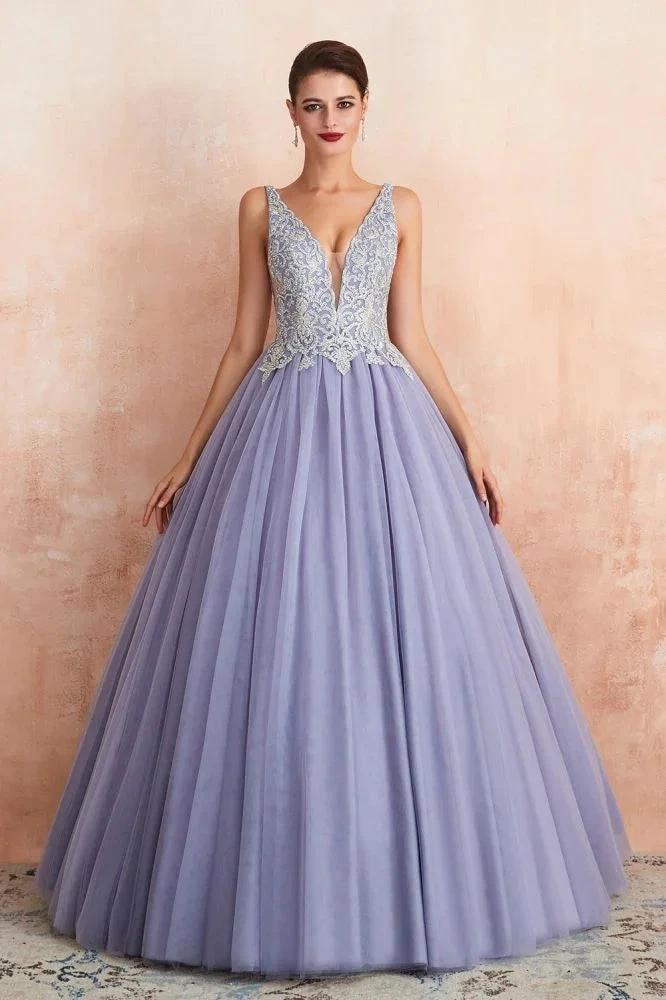 Sparkly Double V-Neck Aline Ball Gown Crystals Tulle Floor Length Party Dress by misshow.com