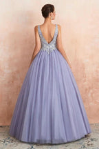 Sparkly Double V-Neck Aline Ball Gown Crystals Tulle Floor Length Party Dress by misshow.com