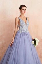 Sparkly Double V-Neck Aline Ball Gown Crystals Tulle Floor Length Party Dress by misshow.com