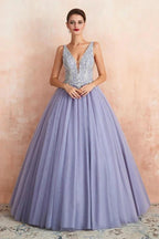 Sparkly Double V-Neck Aline Ball Gown Crystals Tulle Floor Length Party Dress by misshow.com