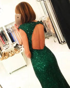 Sparkly Long Mermaid Bateau Sequins Open Back Prom Dress With Slit by BIZTUNNEL