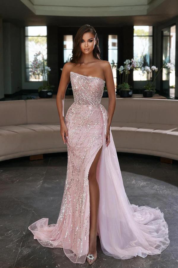 Sparkly Long Mermaid Strapless Tulle Sequins Prom Dress with Slit by BIZTUNNEL