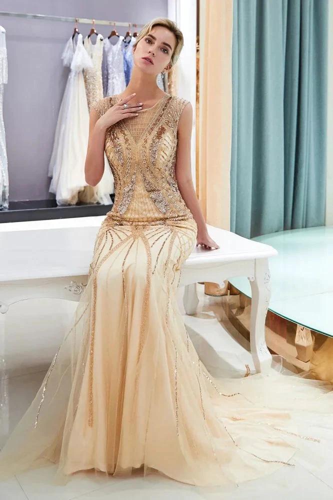 Sparkly Mermaid Sleeveless Golden Sequins Beading Formal Party Dress by misshow.com
