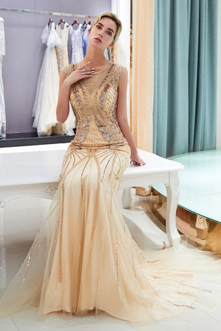 Sparkly Mermaid Sleeveless Golden Sequins Beading Formal Party Dress