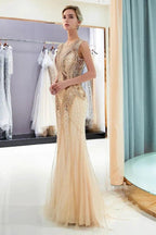 Sparkly Mermaid Sleeveless Golden Sequins Beading Formal Party Dress by misshow.com