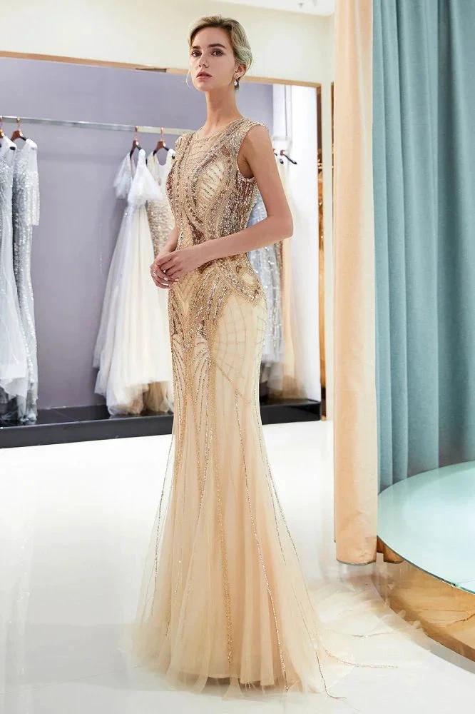 Sparkly Mermaid Sleeveless Golden Sequins Beading Formal Party Dress by misshow.com