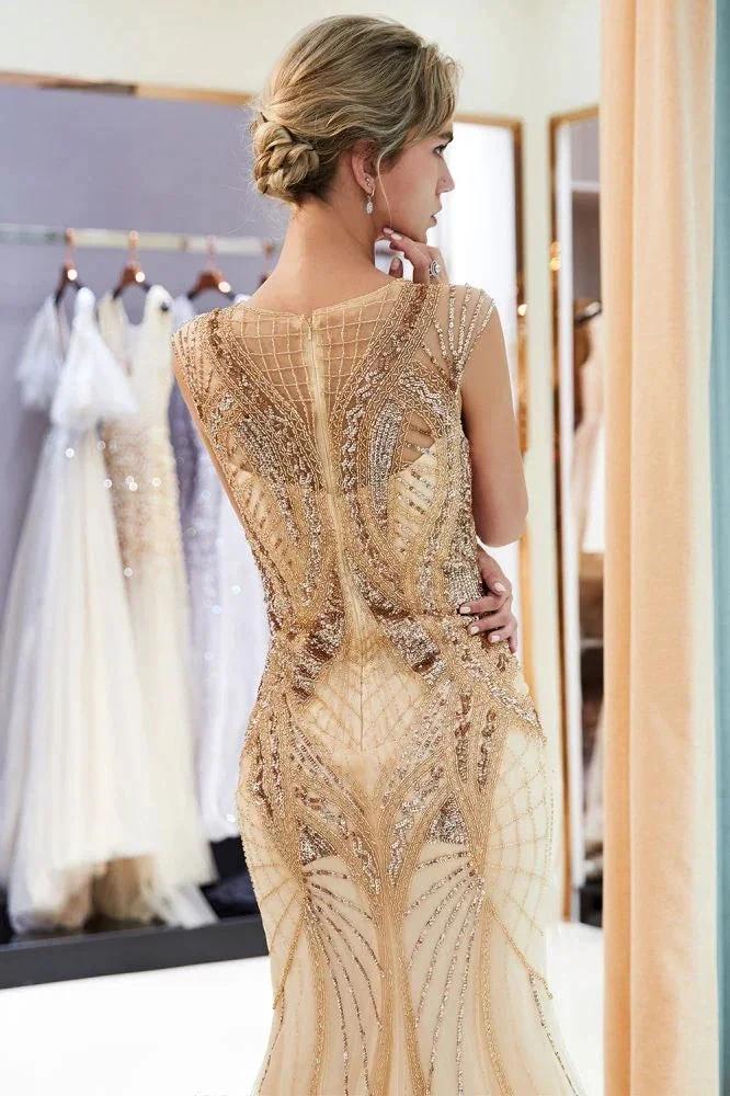Sparkly Mermaid Sleeveless Golden Sequins Beading Formal Party Dress by misshow.com