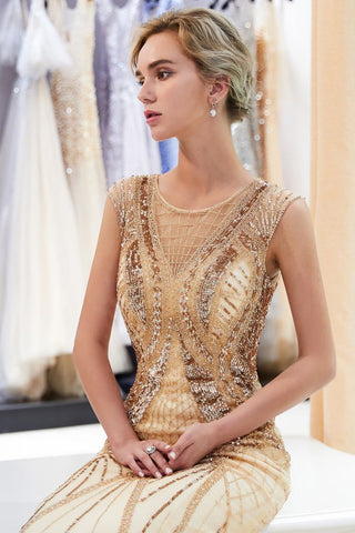 Sparkly Mermaid Sleeveless Golden Sequins Beading Formal Party Dress