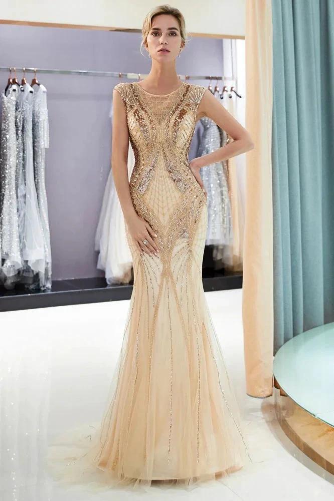 Sparkly Mermaid Sleeveless Golden Sequins Beading Formal Party Dress by misshow.com
