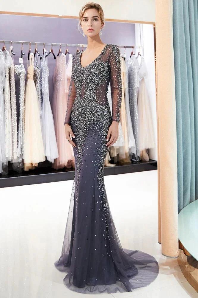 Sparkly Mermaid V-neck Long Sleeves Beading Evening Dresses by misshow.com