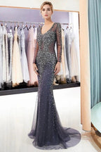 Sparkly Mermaid V-neck Long Sleeves Beading Evening Dresses by misshow.com