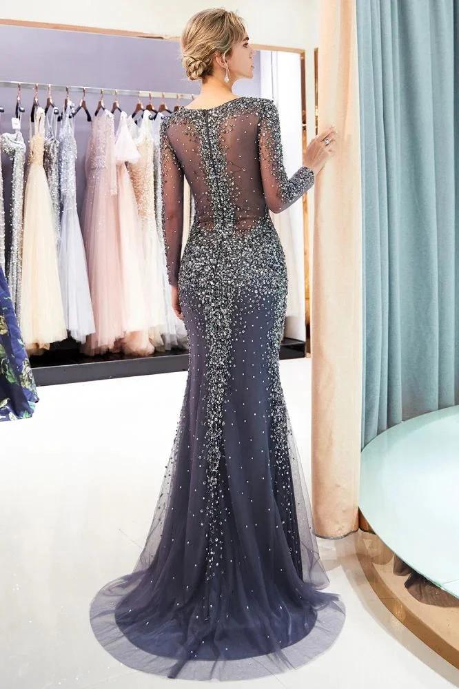 Sparkly Mermaid V-neck Long Sleeves Beading Evening Dresses by misshow.com