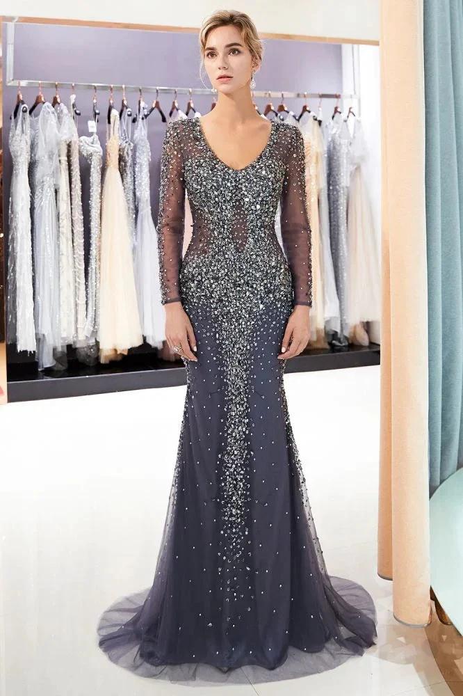 Sparkly Mermaid V-neck Long Sleeves Beading Evening Dresses by misshow.com