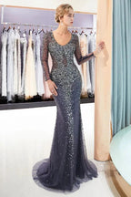 Sparkly Mermaid V-neck Long Sleeves Beading Evening Dresses by misshow.com