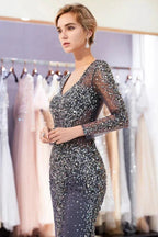 Sparkly Mermaid V-neck Long Sleeves Beading Evening Dresses by misshow.com