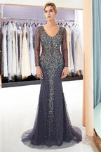 Sparkly Mermaid V-neck Long Sleeves Beading Evening Dresses by misshow.com