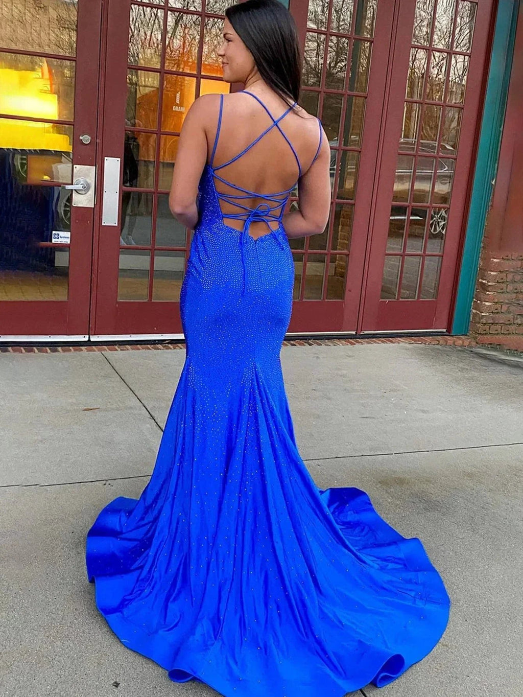 Lilly |Sparkly Mermaid V Neck Beaded Satin Long Prom Dress by KissProm