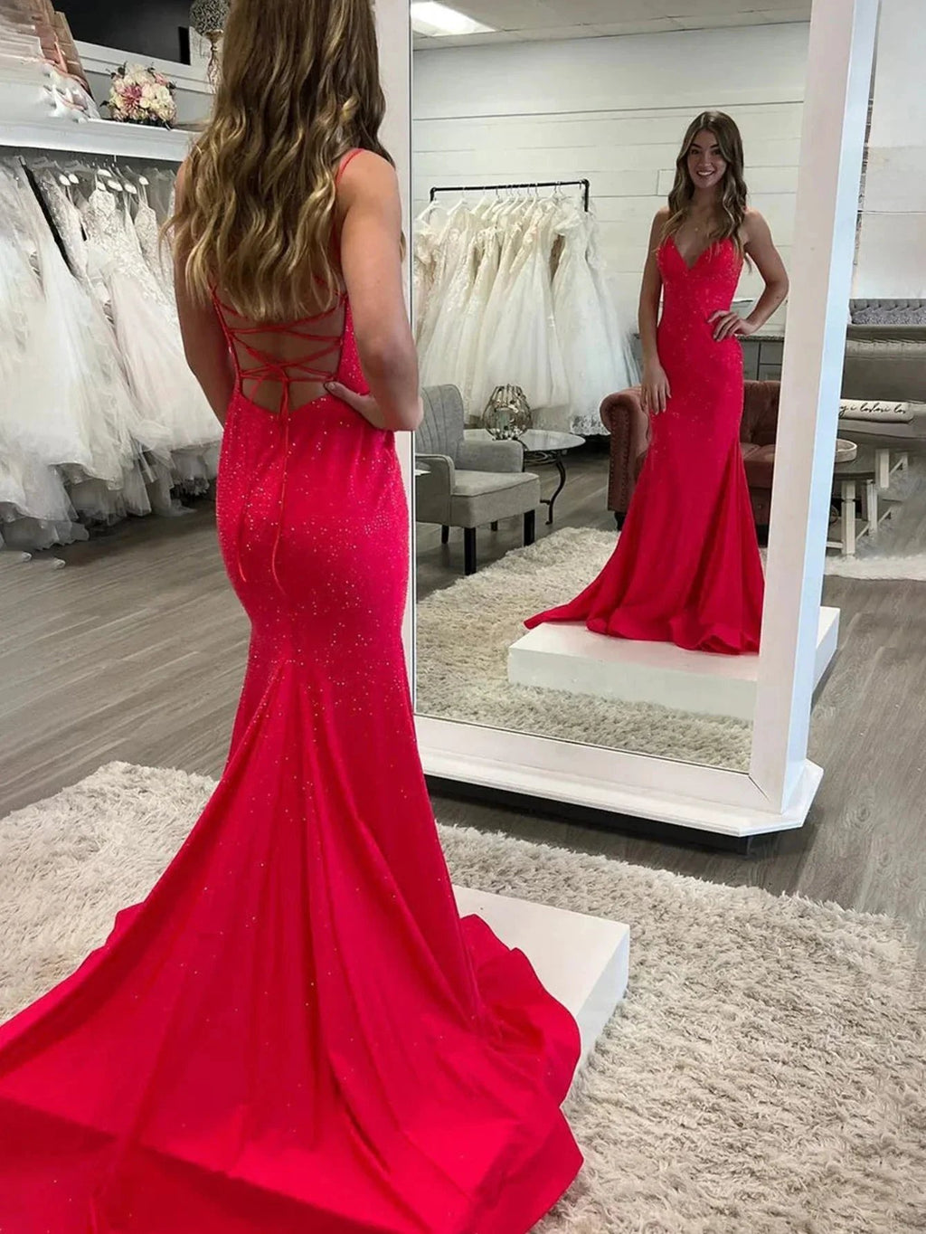 Lilly |Sparkly Mermaid V Neck Beaded Satin Long Prom Dress by KissProm