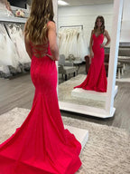 Lilly |Sparkly Mermaid V Neck Beaded Satin Long Prom Dress by KissProm