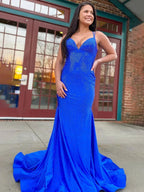 Lilly |Sparkly Mermaid V Neck Beaded Satin Long Prom Dress by KissProm