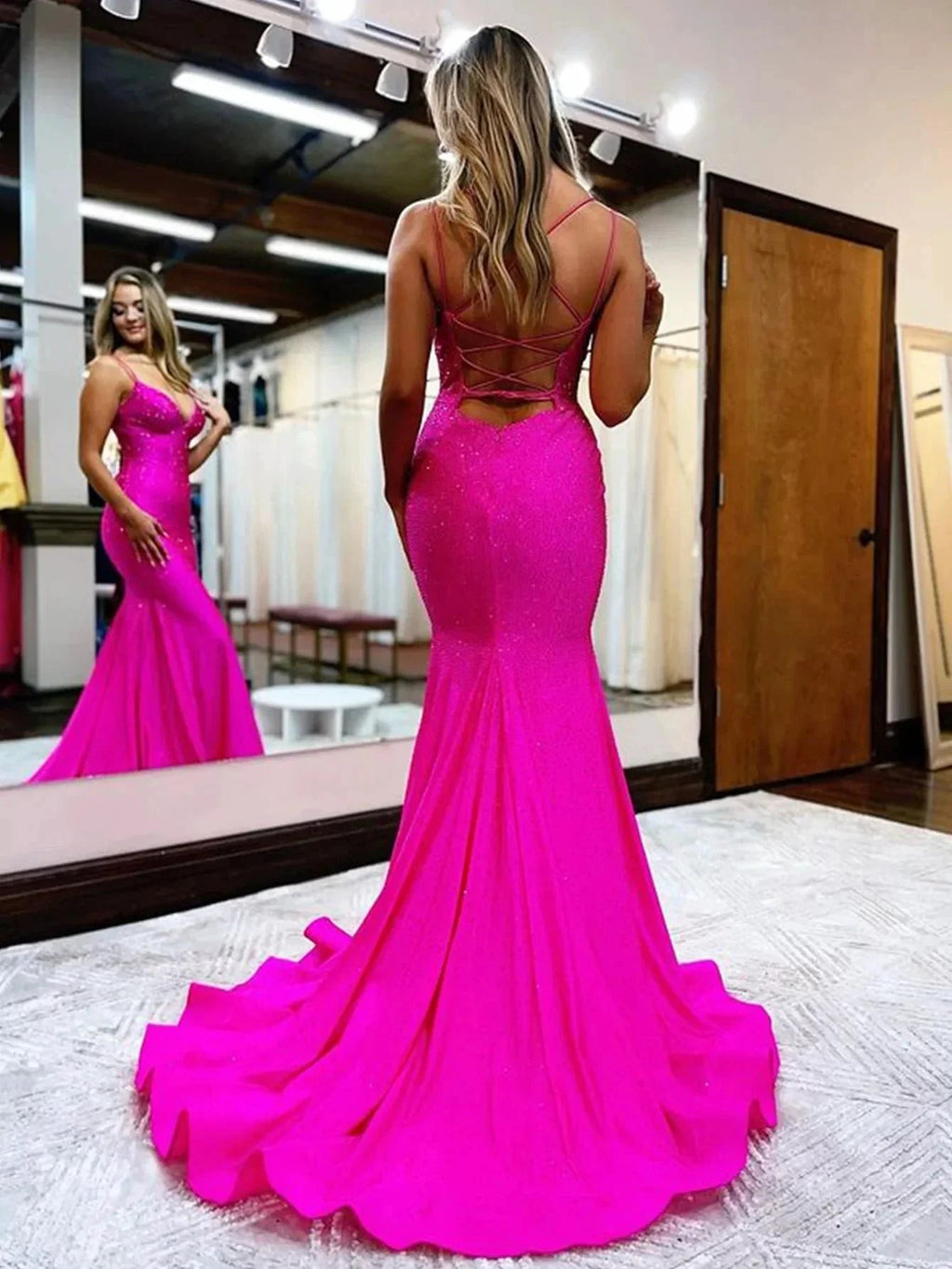 Lilly |Sparkly Mermaid V Neck Beaded Satin Long Prom Dress by KissProm