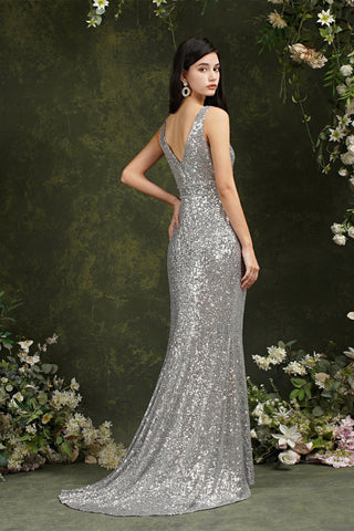 Sparkly Mermaid Wide Straps V-neck Sequins Bridesmaid/Prom Dress With Side Slit