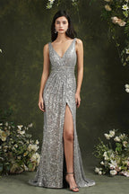 Sparkly Mermaid Wide Straps V-neck Sequins Bridesmaid/Prom Dress With Side Slit by misshow.com
