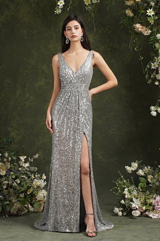 Sparkly Mermaid Wide Straps V-neck Sequins Bridesmaid/Prom Dress With Side Slit