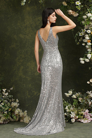 Sparkly Mermaid Wide Straps V-neck Sequins Bridesmaid/Prom Dress With Side Slit