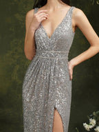Sparkly Mermaid Wide Straps V-neck Sequins Bridesmaid/Prom Dress With Side Slit by misshow.com