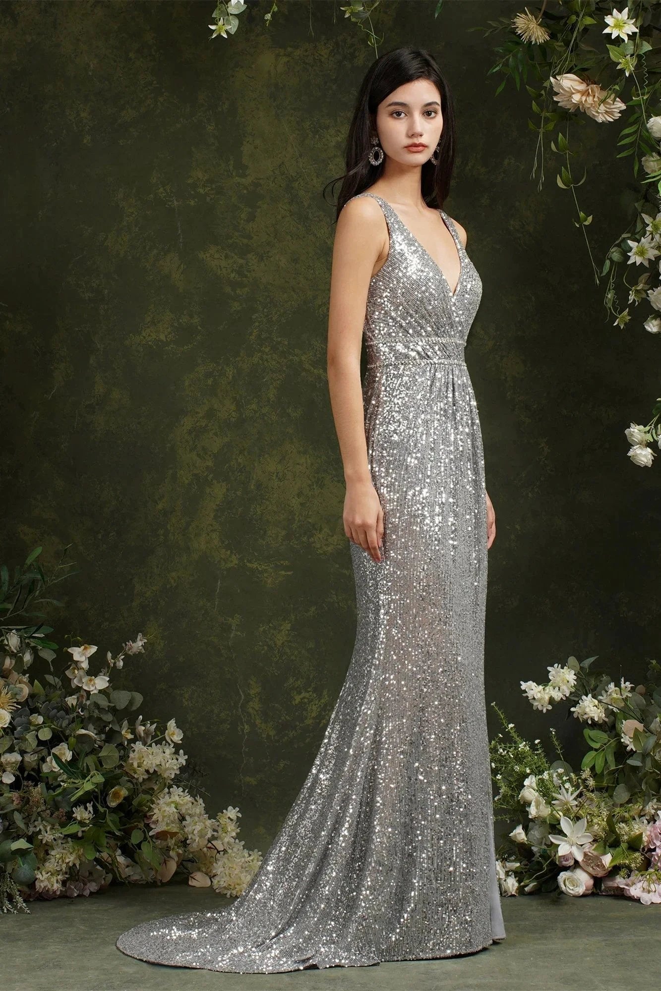 Sparkly Mermaid Wide Straps V-neck Sequins Bridesmaid/Prom Dress With Side Slit by misshow.com