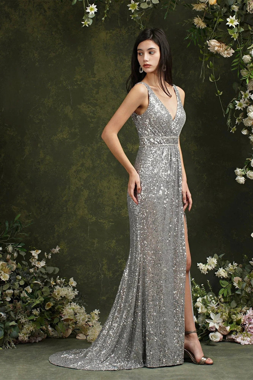 Sparkly Mermaid Wide Straps V-neck Sequins Bridesmaid/Prom Dress With Side Slit by misshow.com