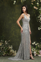 Sparkly Mermaid Wide Straps V-neck Sequins Bridesmaid/Prom Dress With Side Slit by misshow.com